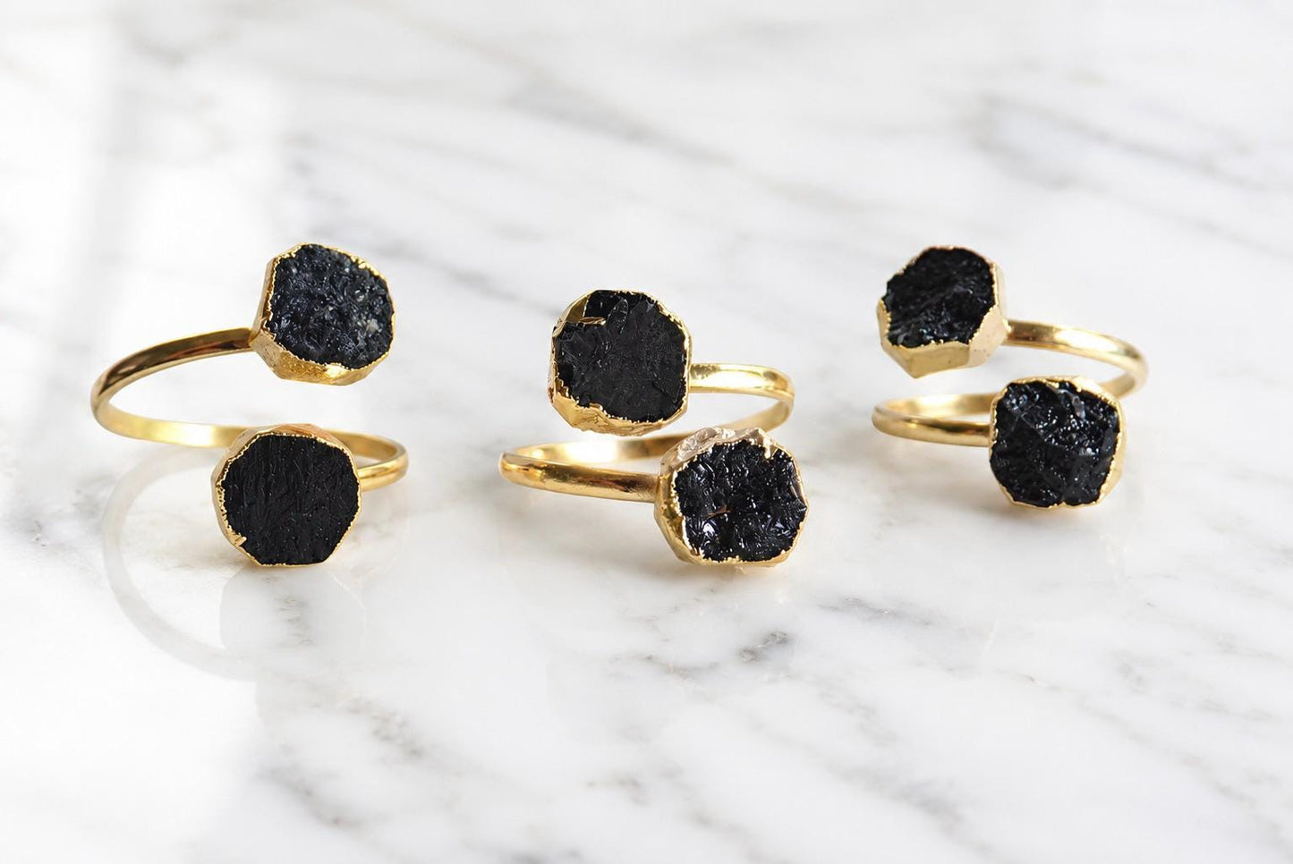 Raw Black Tourmaline Open Wrap Ring – Adjustable Gold Ring with Double Black Gemstones – October Birthstone Jewelry