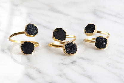 Raw Black Tourmaline Open Wrap Ring – Adjustable Gold Ring with Double Black Gemstones – October Birthstone Jewelry