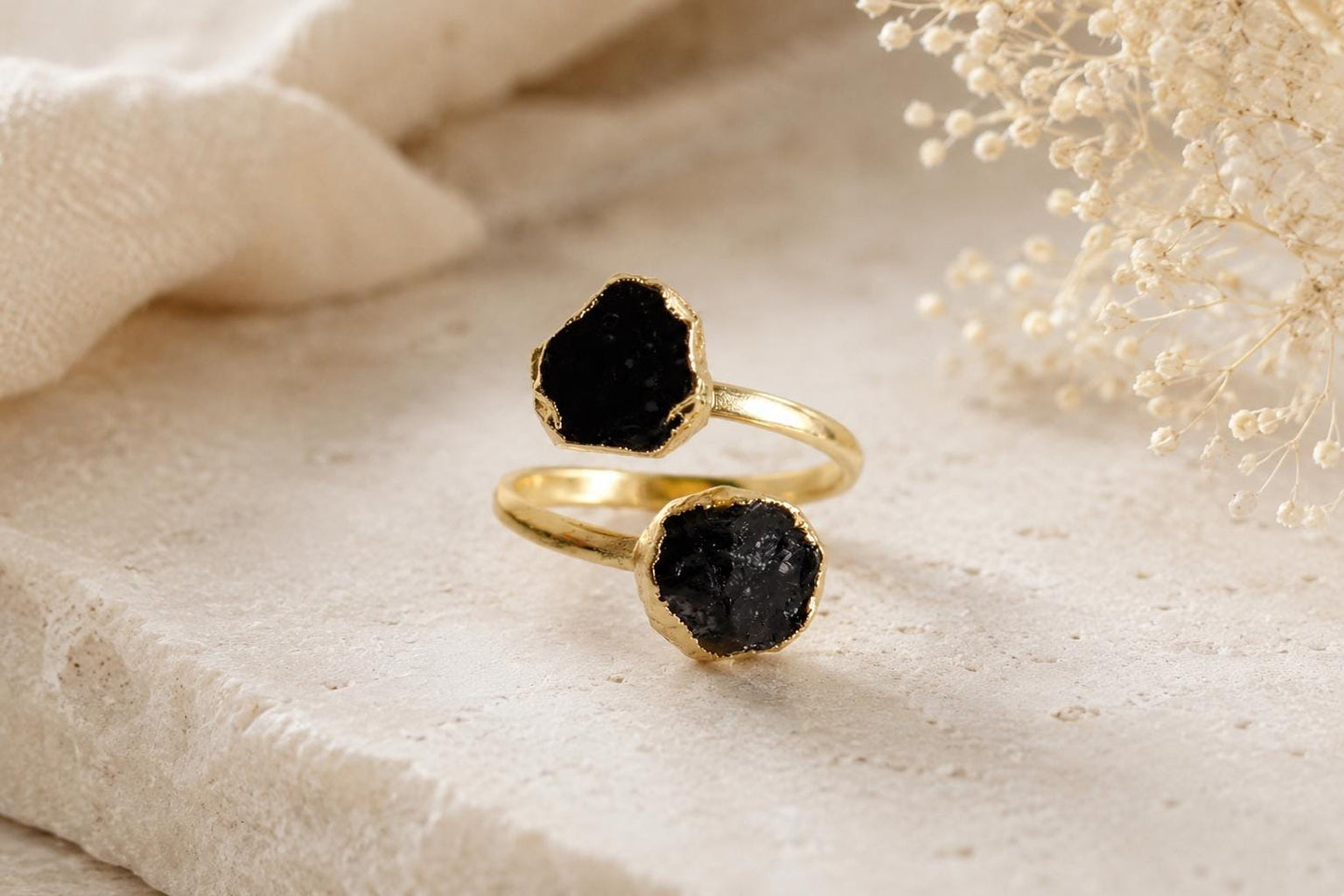 Raw Black Tourmaline Open Wrap Ring – Adjustable Gold Ring with Double Black Gemstones – October Birthstone Jewelry