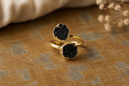 Raw Black Tourmaline Open Wrap Ring – Adjustable Gold Ring with Double Black Gemstones – October Birthstone Jewelry