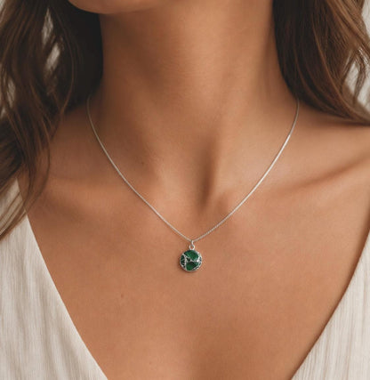 Emerald  Jade Necklace Silver, Green Crystal Coin Pendant, Mojave Gemstone Necklace, May Birthstone Gift for Her