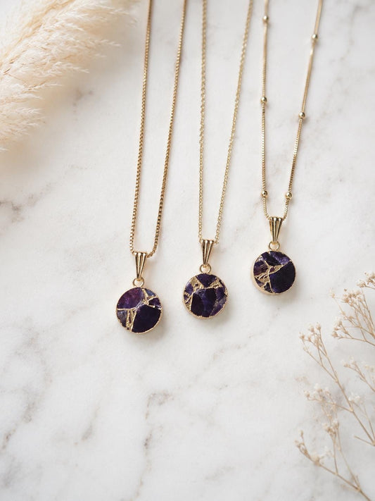 Amethyst Birthstone Necklace Gold, Purple Gemstone Coin Pendant, February Birthstone Gift
