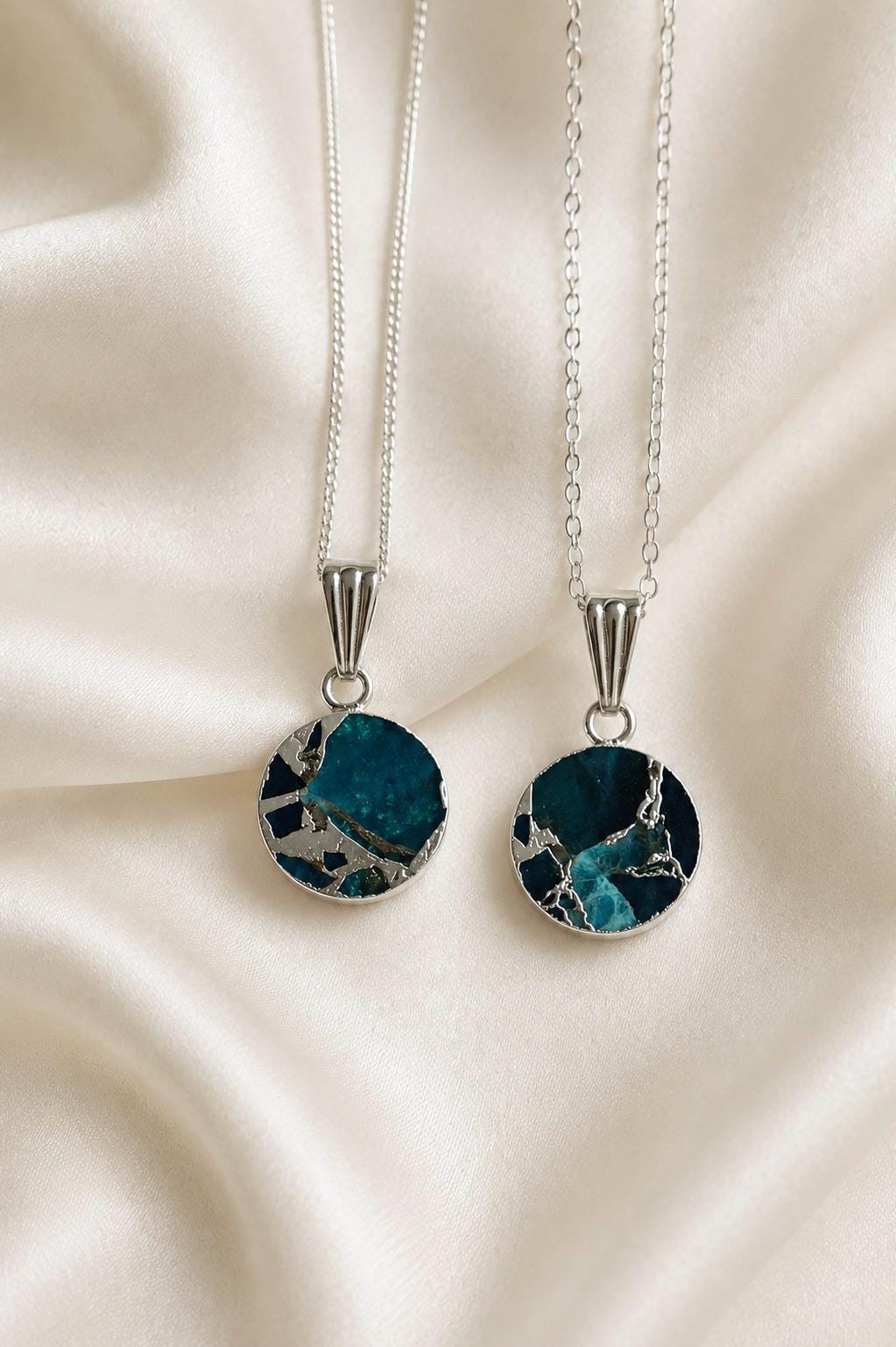 Teal Gemstone Kintsugi Necklace Gold, Round Stone Coin Pendant, Ocean Blue Jewelry