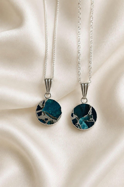 Teal Gemstone Kintsugi Necklace Gold, Round Stone Coin Pendant, Ocean Blue Jewelry