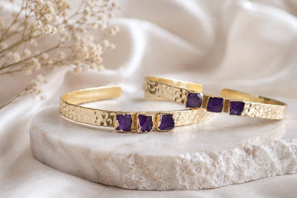 Raw Amethyst Gold Cuff Bracelet, Adjustable Bangle with Natural Purple Gemstones, February Birthstone Jewelry