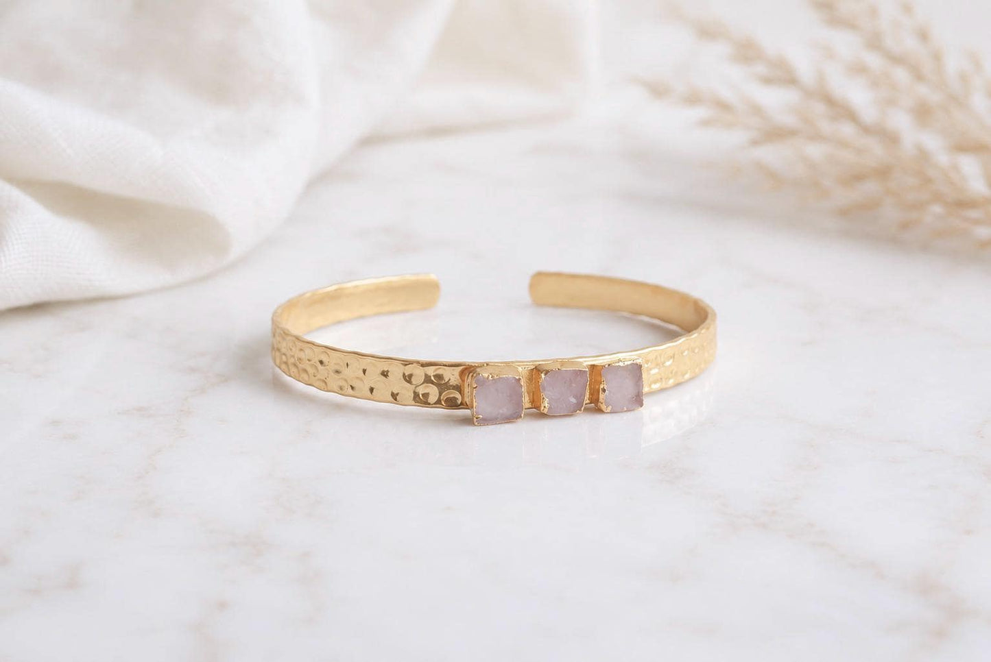 Rose Quartz Cuff Bracelet Gold, Adjustable Gemstone Bangle, October Birthstone Jewelry
