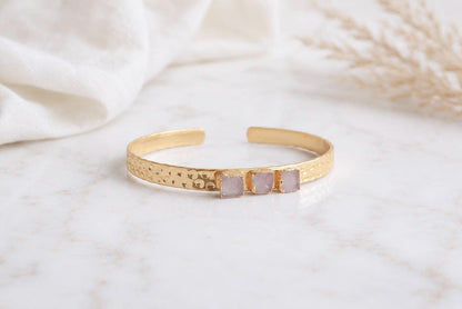 Rose Quartz Cuff Bracelet Gold, Adjustable Gemstone Bangle, October Birthstone Jewelry