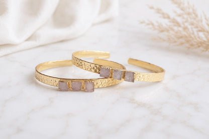 Rose Quartz Cuff Bracelet Gold, Adjustable Gemstone Bangle, October Birthstone Jewelry