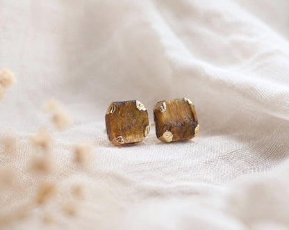 Raw Tiger Eye Stud Earrings, Earthy Gemstone Posts, Square Gemstone Studs