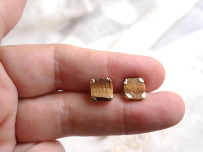 Raw Tiger Eye Stud Earrings, Earthy Gemstone Posts, Square Gemstone Studs