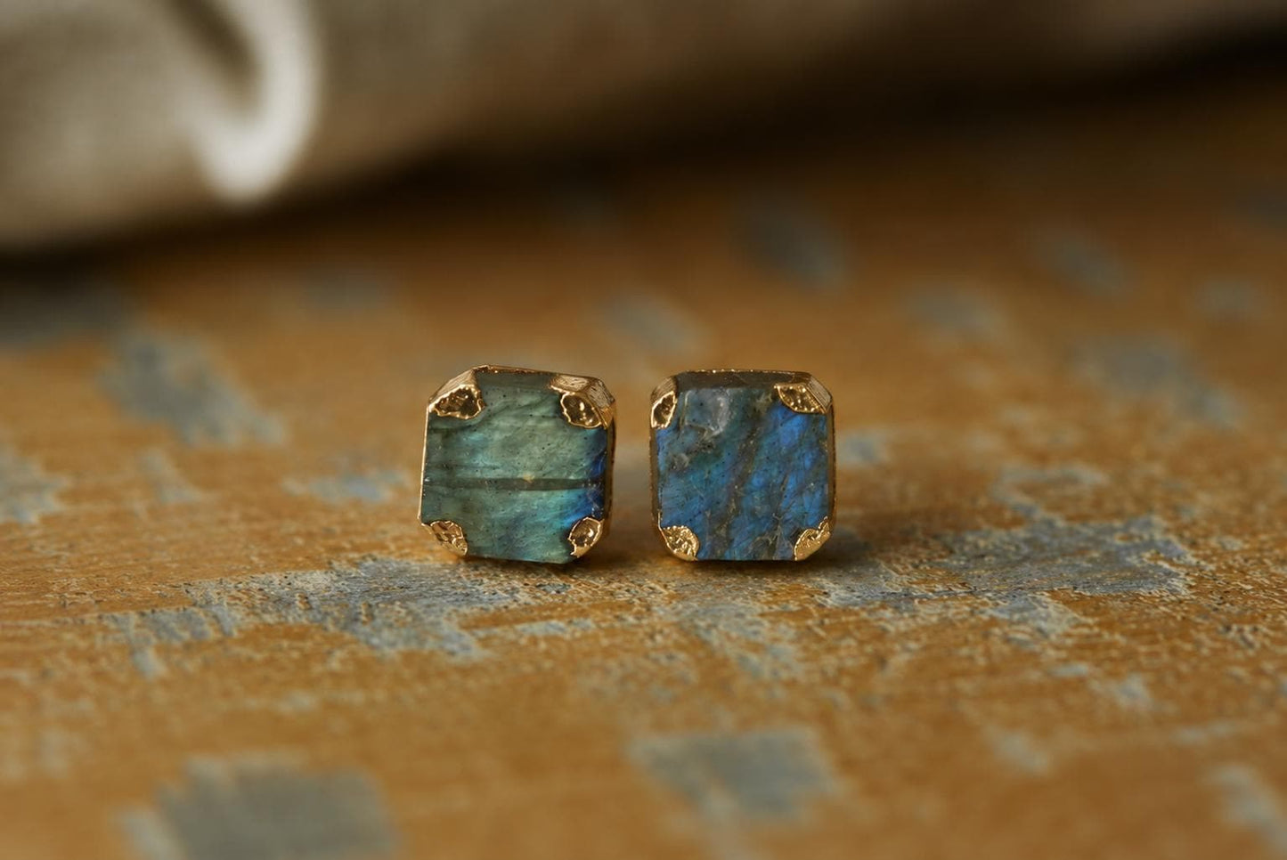 Raw Labradorite Stud Earrings, Gold Gemstone Earrings, Blue Flash Gemstone Posts