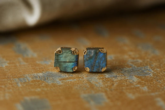Raw Labradorite Stud Earrings, Gold Gemstone Earrings, Blue Flash Gemstone Posts