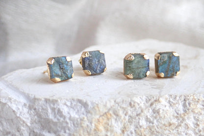Raw Labradorite Stud Earrings, Gold Gemstone Earrings, Blue Flash Gemstone Posts