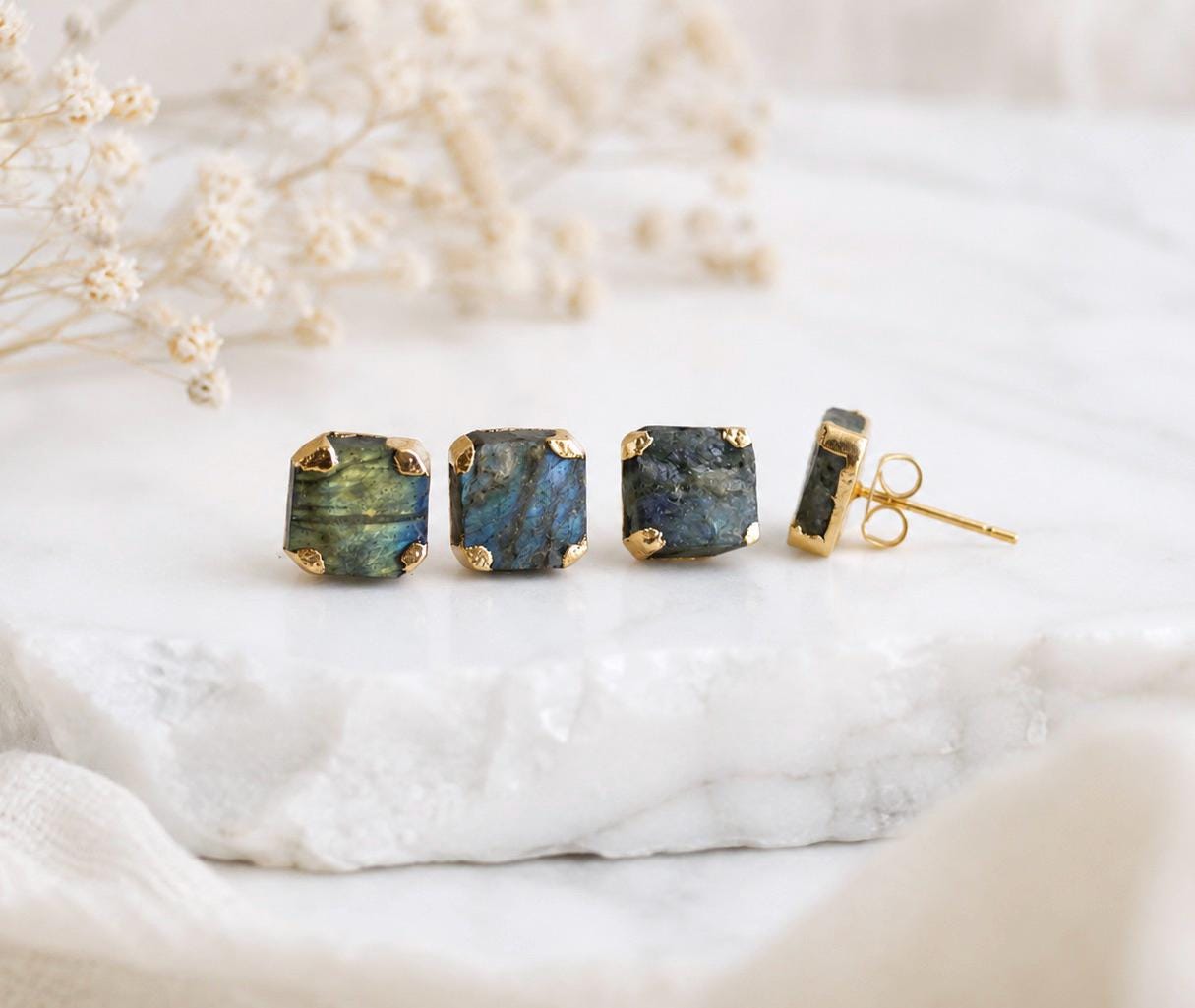 Raw Labradorite Stud Earrings, Gold Gemstone Earrings, Blue Flash Gemstone Posts