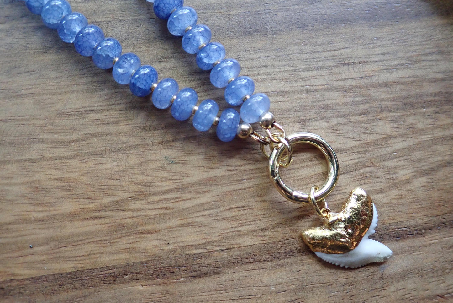 Blue Beaded Charm Holder Necklace, Shark Tooth Necklace, Front Clasp Necklace, Coastal Summer Jewelry, Beach Necklace, Ocean Inspired Gift