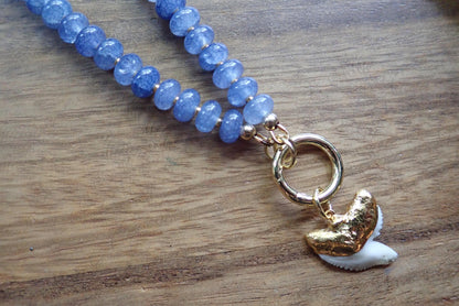 Blue Beaded Charm Holder Necklace, Shark Tooth Necklace, Front Clasp Necklace, Coastal Summer Jewelry, Beach Necklace, Ocean Inspired Gift