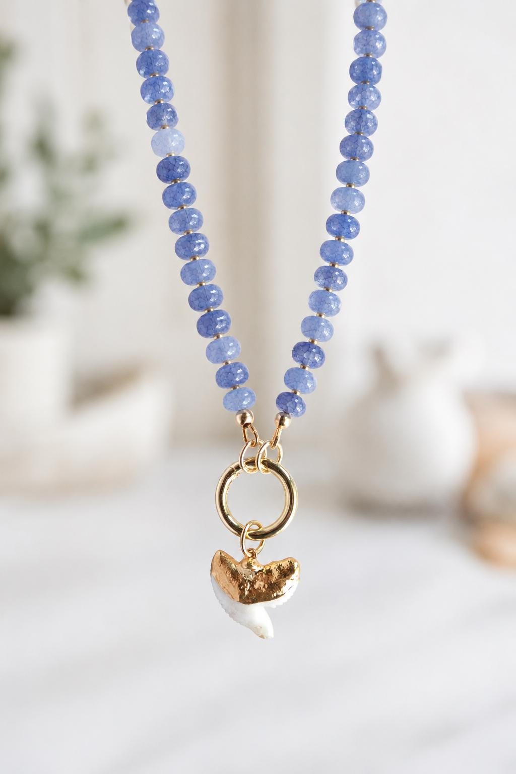 Blue Beaded Charm Holder Necklace, Shark Tooth Necklace, Front Clasp Necklace, Coastal Summer Jewelry, Beach Necklace, Ocean Inspired Gift