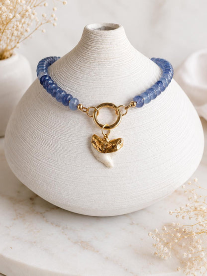 Blue Beaded Charm Holder Necklace, Shark Tooth Necklace, Front Clasp Necklace, Coastal Summer Jewelry, Beach Necklace, Ocean Inspired Gift