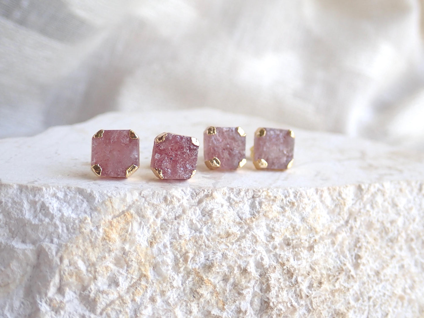 Pink Crystal Strawberry Quartz Stud Earrings | Square Gemstone Post Earrings | Gold Minimalist Boho Jewelry