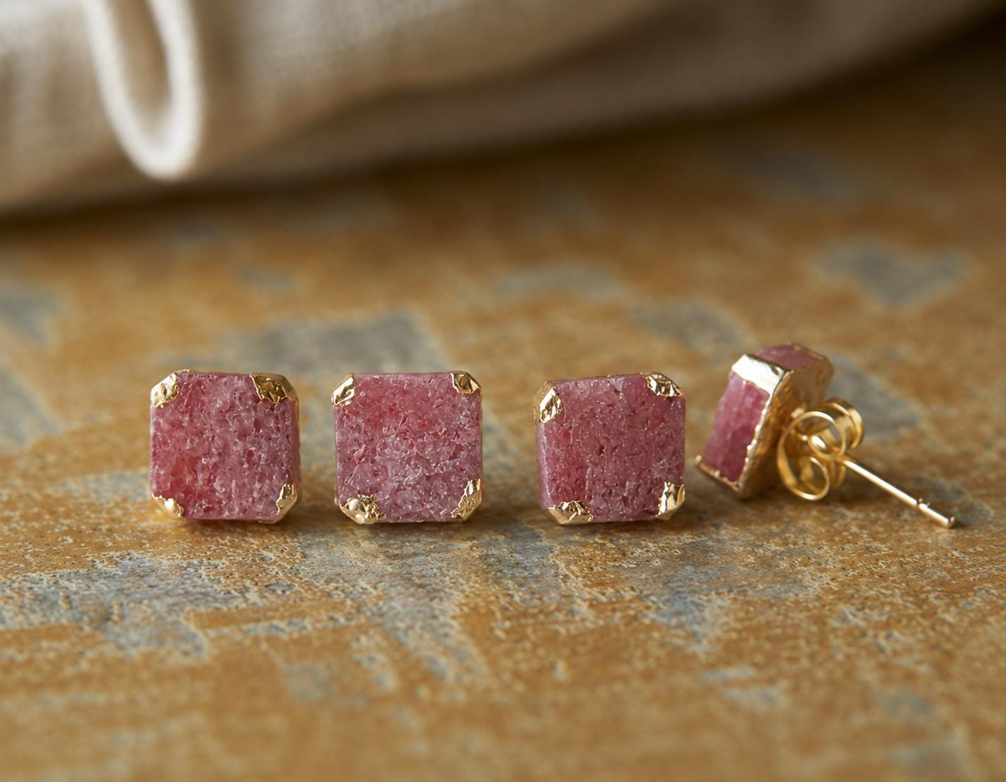 Pink Crystal Strawberry Quartz Stud Earrings | Square Gemstone Post Earrings | Gold Minimalist Boho Jewelry