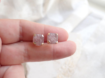 Pink Crystal Strawberry Quartz Stud Earrings | Square Gemstone Post Earrings | Gold Minimalist Boho Jewelry