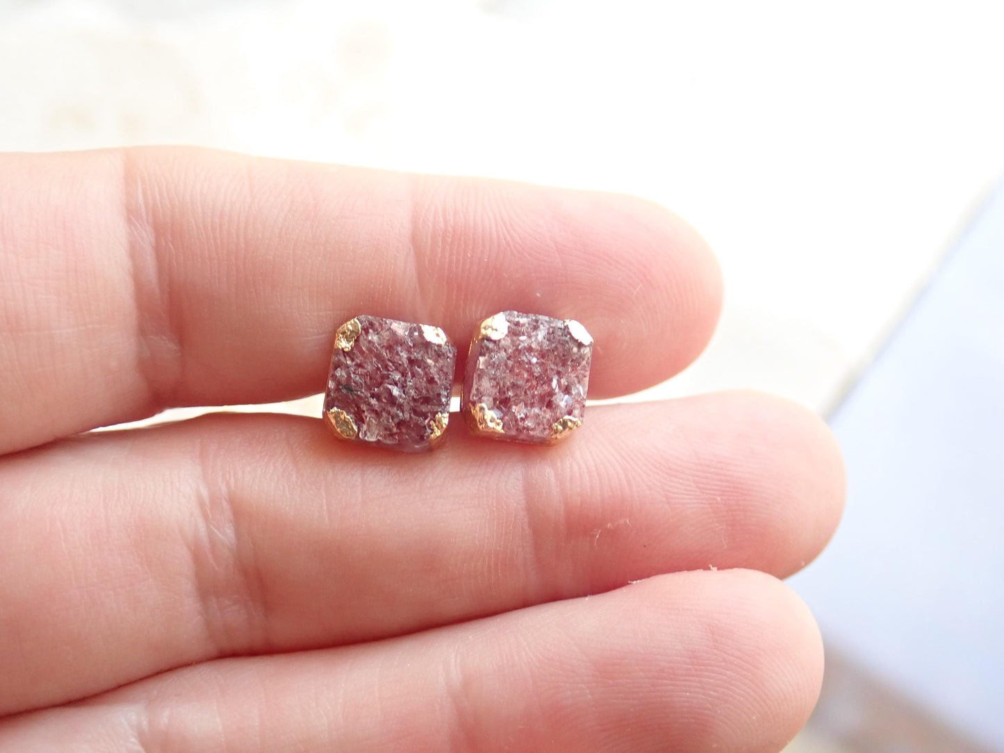 Pink Crystal Strawberry Quartz Stud Earrings | Square Gemstone Post Earrings | Gold Minimalist Boho Jewelry