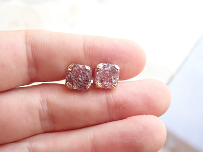 Pink Crystal Strawberry Quartz Stud Earrings | Square Gemstone Post Earrings | Gold Minimalist Boho Jewelry