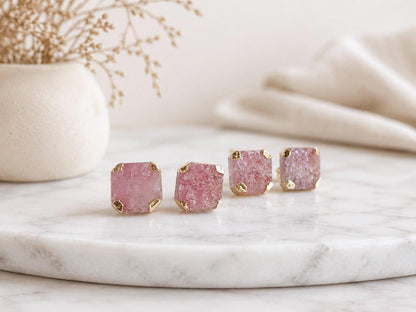 Pink Crystal Strawberry Quartz Stud Earrings | Square Gemstone Post Earrings | Gold Minimalist Boho Jewelry