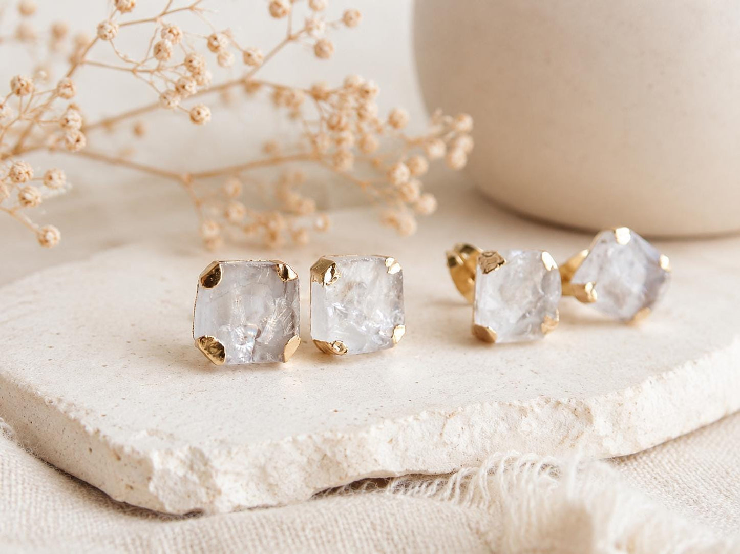 Square Clear Quartz Stud Earrings, Raw Quartz Crystal Studs, April Birthstone Gift