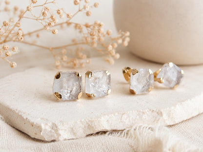 Square Clear Quartz Stud Earrings, Raw Quartz Crystal Studs, April Birthstone Gift