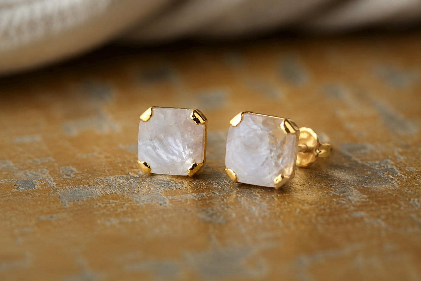 Square Clear Quartz Stud Earrings, Raw Quartz Crystal Studs, April Birthstone Gift