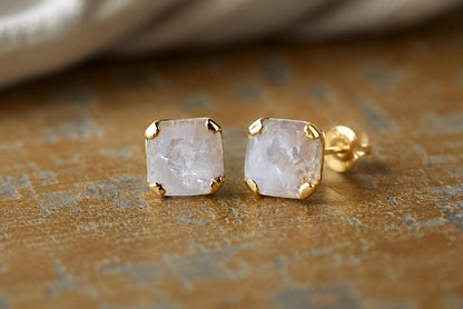 Square Clear Quartz Stud Earrings, Raw Quartz Crystal Studs, April Birthstone Gift