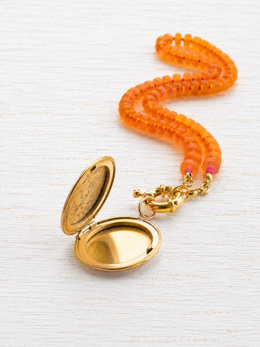 Beaded Gold Locket Necklace, Front Clasp Charm Holder Necklace, Colorful Orange Sea Glass Necklace, Photo Locket Gift for Her