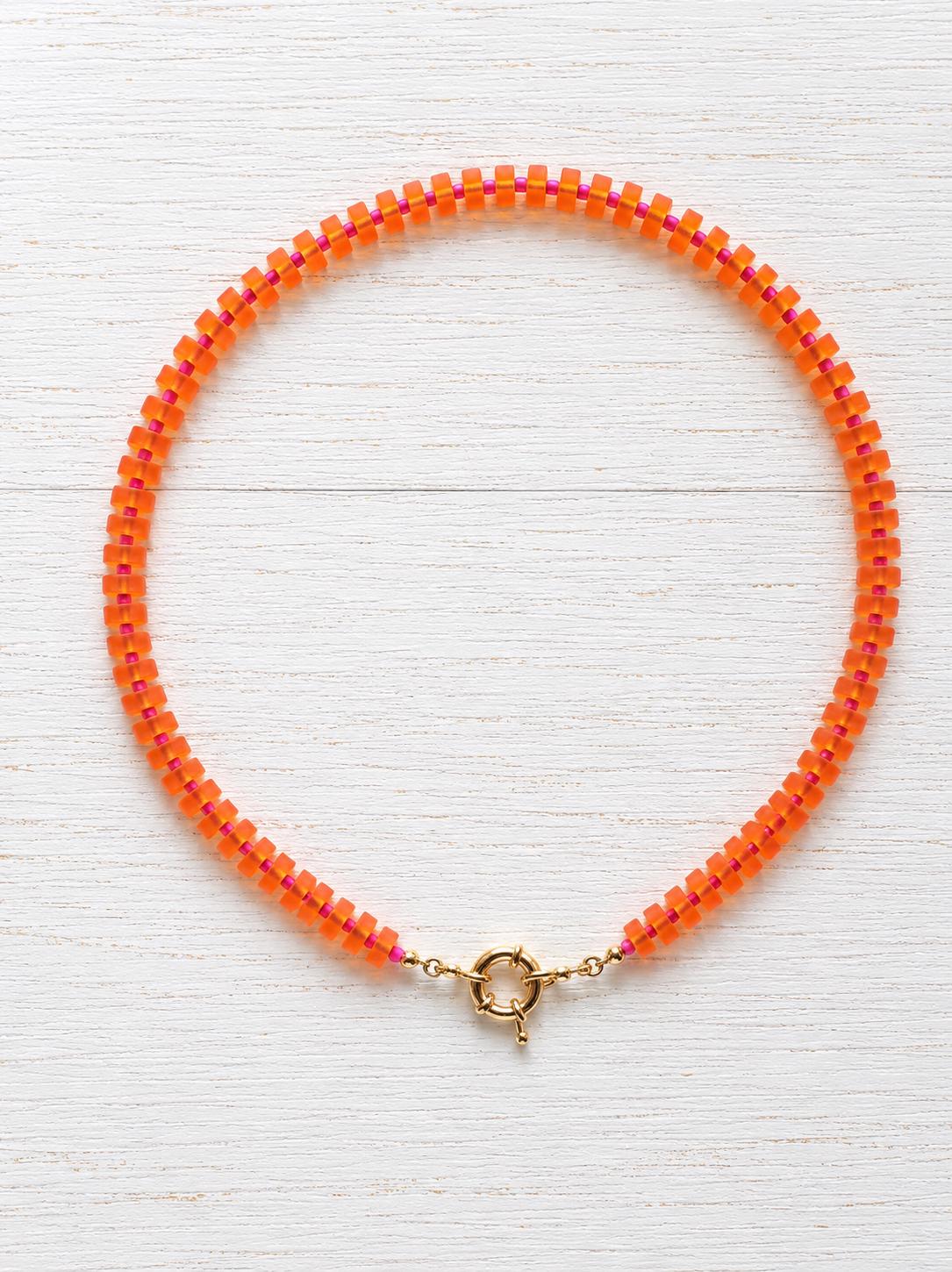 Beaded Gold Locket Necklace, Front Clasp Charm Holder Necklace, Colorful Orange Sea Glass Necklace, Photo Locket Gift for Her