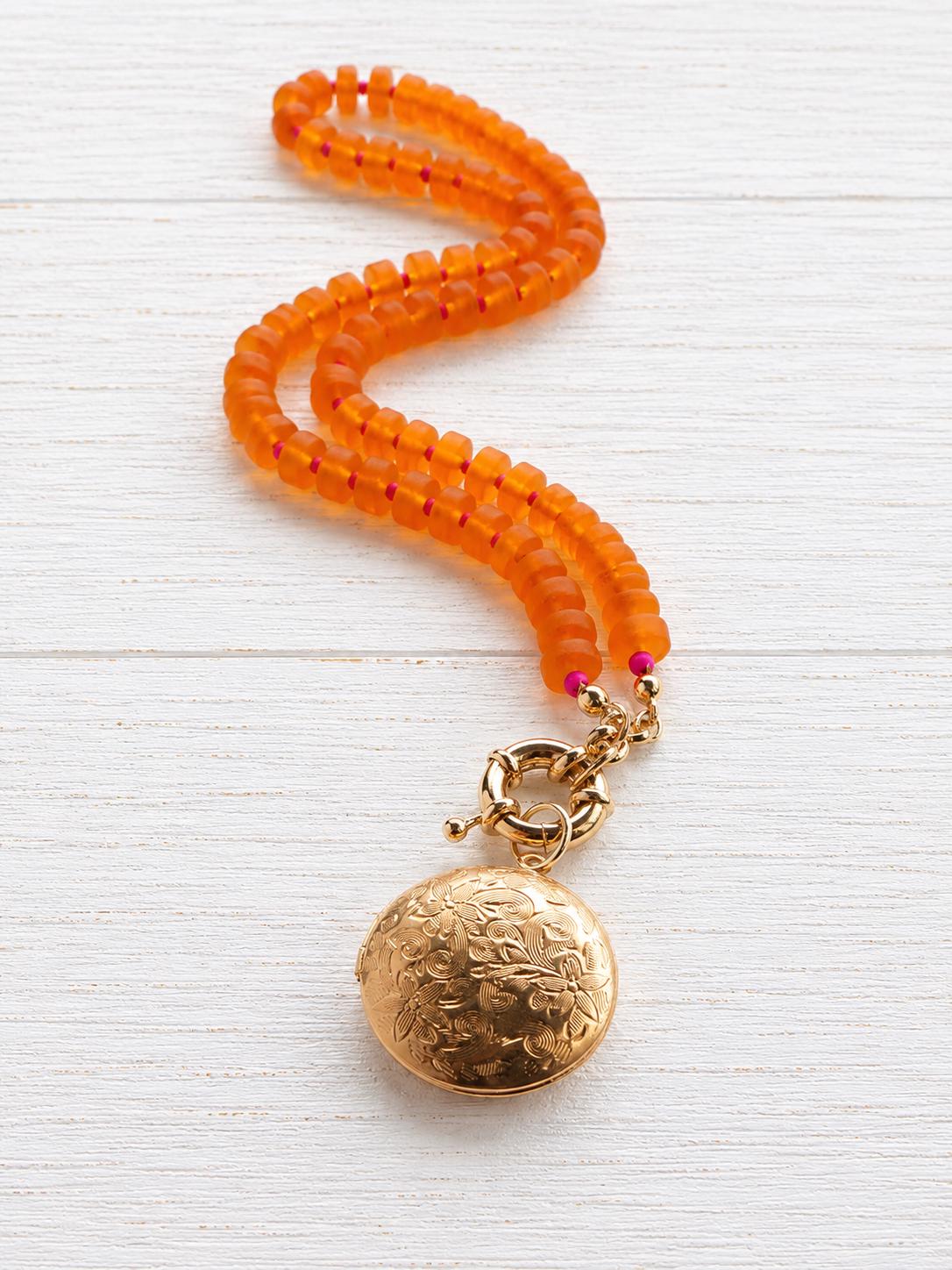 Beaded Gold Locket Necklace, Front Clasp Charm Holder Necklace, Colorful Orange Sea Glass Necklace, Photo Locket Gift for Her
