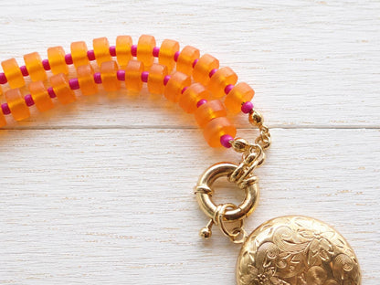 Beaded Gold Locket Necklace, Front Clasp Charm Holder Necklace, Colorful Orange Sea Glass Necklace, Photo Locket Gift for Her
