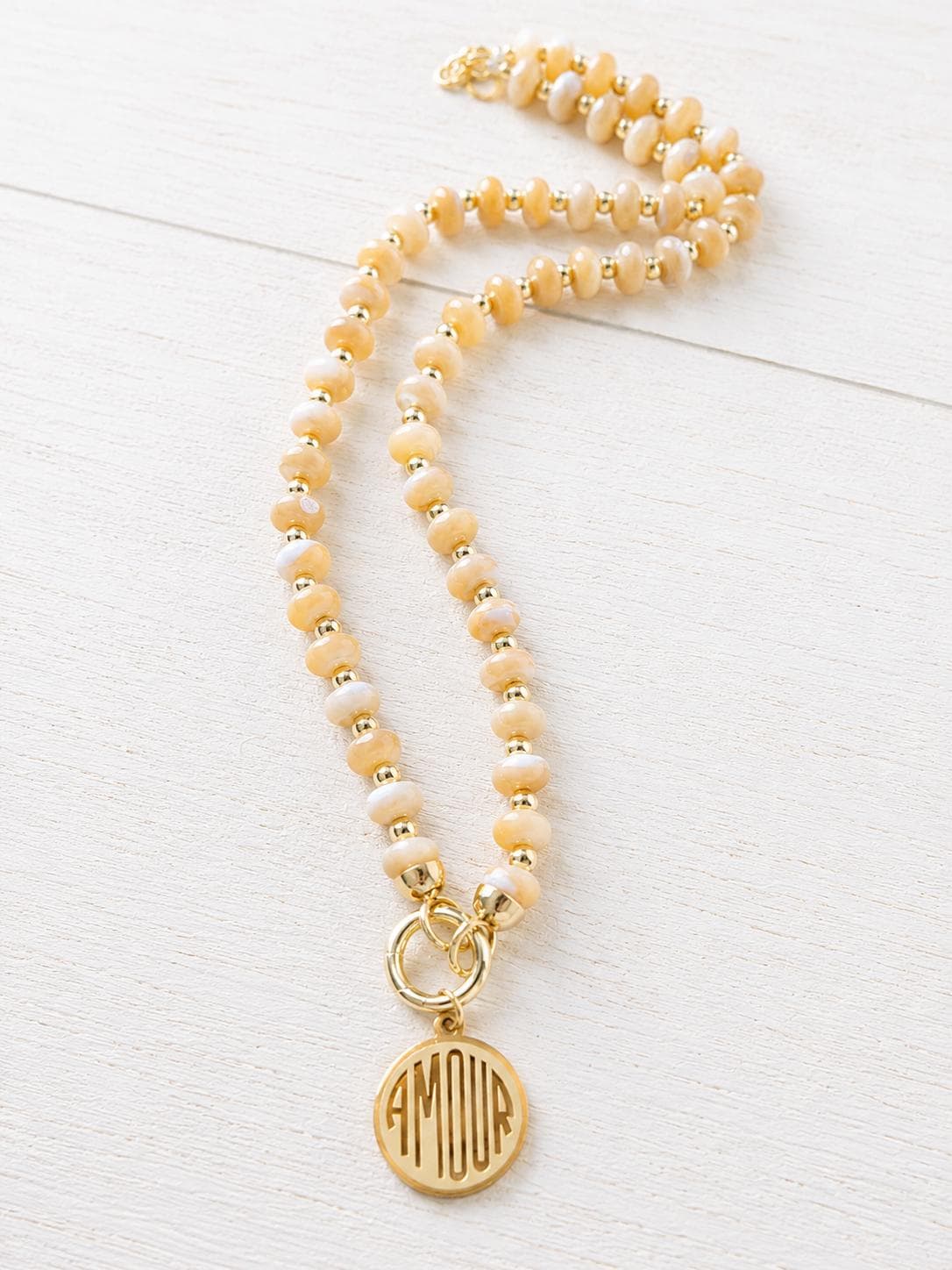 Mother of Pearl Beaded Charm Necklace, Front Clasp Charm Holder Necklace,  Coastal Fish Charm Necklace Gold