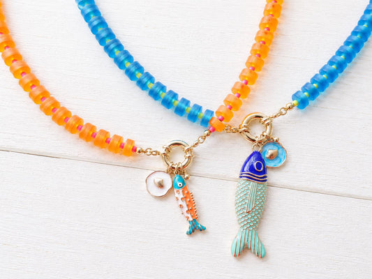 Colorful Sea Glass Charm Holder Necklace, Front Clasp Necklace, Fish Pendant Necklace