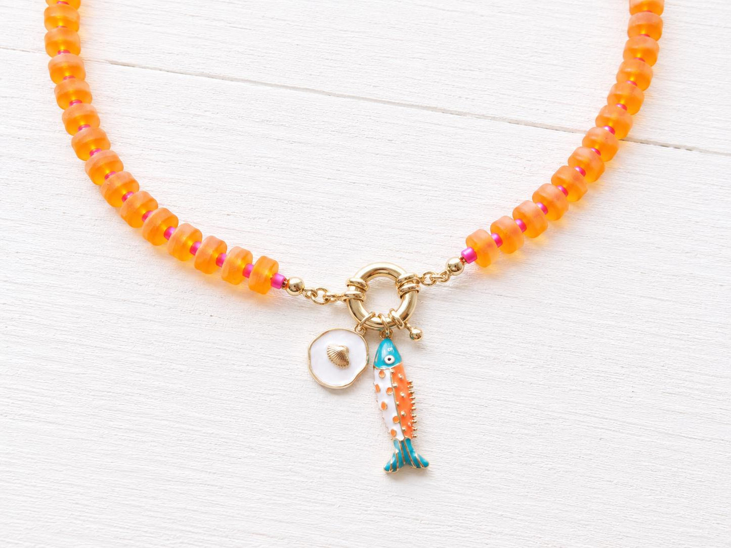 Colorful Sea Glass Charm Holder Necklace, Front Clasp Necklace, Fish Pendant Necklace
