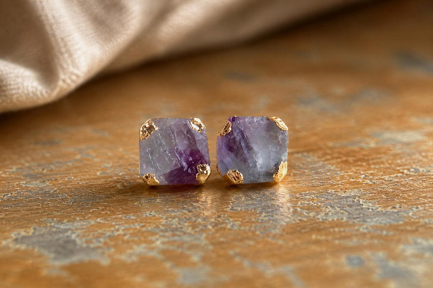 Raw Rainbow Fluorite Stud Earrings, Purple & Green Gemstone Studs, Natural Crystal Post Earrings