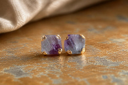 Raw Rainbow Fluorite Stud Earrings, Purple & Green Gemstone Studs, Natural Crystal Post Earrings