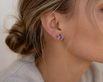 Raw Rainbow Fluorite Stud Earrings, Purple & Green Gemstone Studs, Natural Crystal Post Earrings