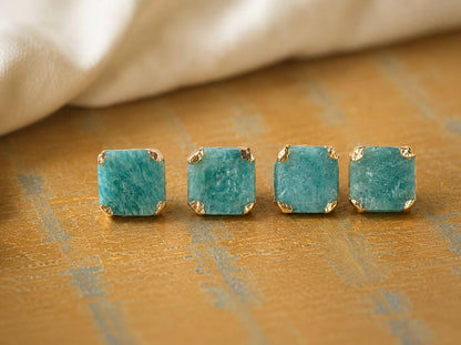 Raw Amazonite Stud Earrings, Aqua Blue Green Gemstone Studs, Gold Minimalist Earrings