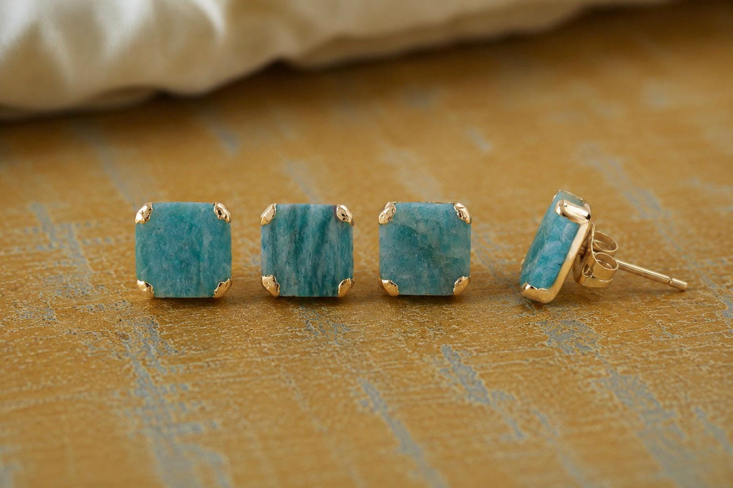 Raw Amazonite Stud Earrings, Aqua Blue Green Gemstone Studs, Gold Minimalist Earrings