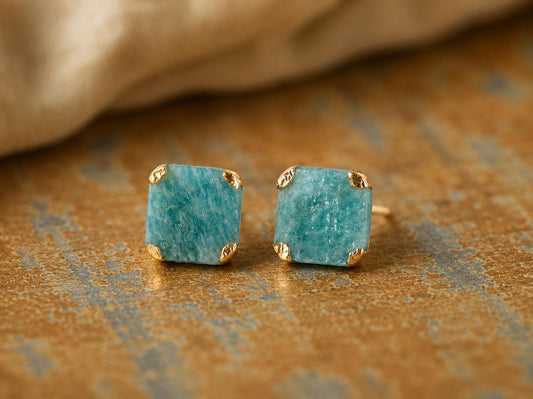 Raw Amazonite Stud Earrings, Aqua Blue Green Gemstone Studs, Gold Minimalist Earrings