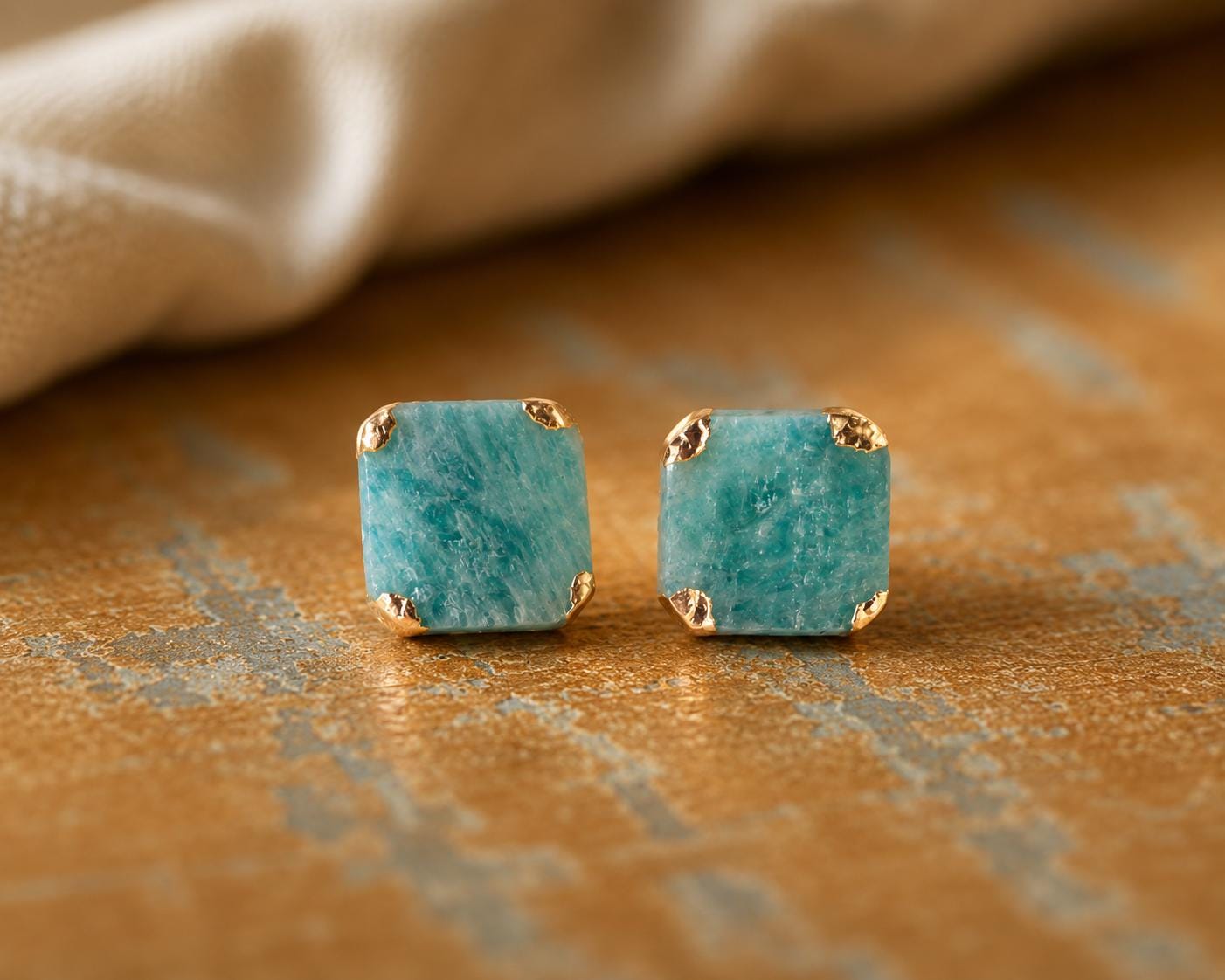 Raw Amazonite Stud Earrings, Aqua Blue Green Gemstone Studs, Gold Minimalist Earrings