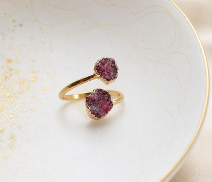 Raw Ruby Open Wrap Ring – Adjustable Gold Ring with Double Red Pink Gemstones – July Birthstone Jewelry