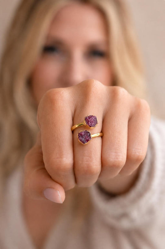 Raw Ruby Open Wrap Ring – Adjustable Gold Ring with Double Red Pink Gemstones – July Birthstone Jewelry