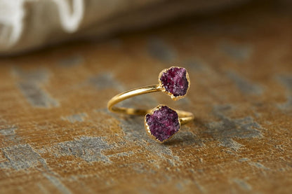 Raw Ruby Open Wrap Ring – Adjustable Gold Ring with Double Red Pink Gemstones – July Birthstone Jewelry