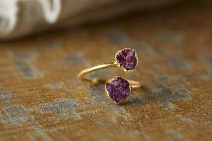 Raw Tanzanite Open Wrap Ring – Adjustable Gold Ring with Double Blue Gemstones – December Birthstone Jewelry